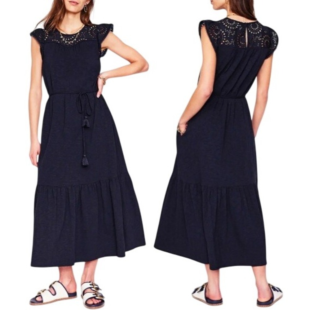 Boden Navy Juliet Broderie Midi Dress US 6P D1288 Cotton Eyelet Tassel Belt NEW
